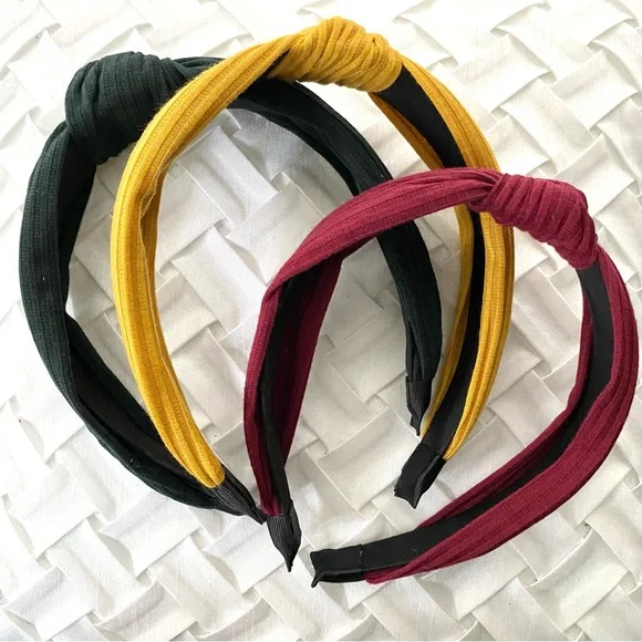 Set of 3 Ribbed Knot Headbands Maroon Yellow Dark Green Hair Bands - Picture 2 of 2